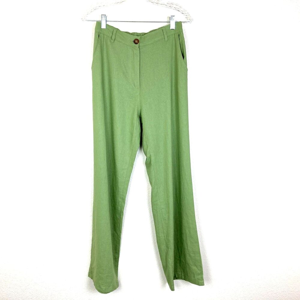 2 Bella Boutique Women's Pants Size S Green Linen Blend Straight Wide Leg Office